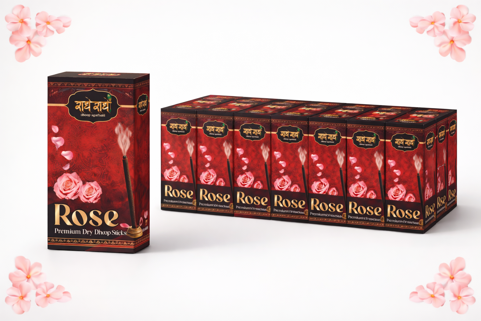 Radhey Radhey Rose Premium Dry Dhoop Sticks – Pack of 12 | Long Lasting Floral Rose Fragrance | Low Smoke Puja Dhoop | For Home, Temple & Meditation
