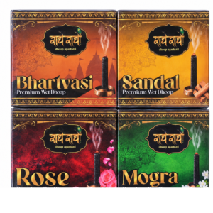 Radhey Radhey Premium Wet Dhoop Combo Pack | 12 Pieces | Rose, Mogra, Sandal & Bhartvasi