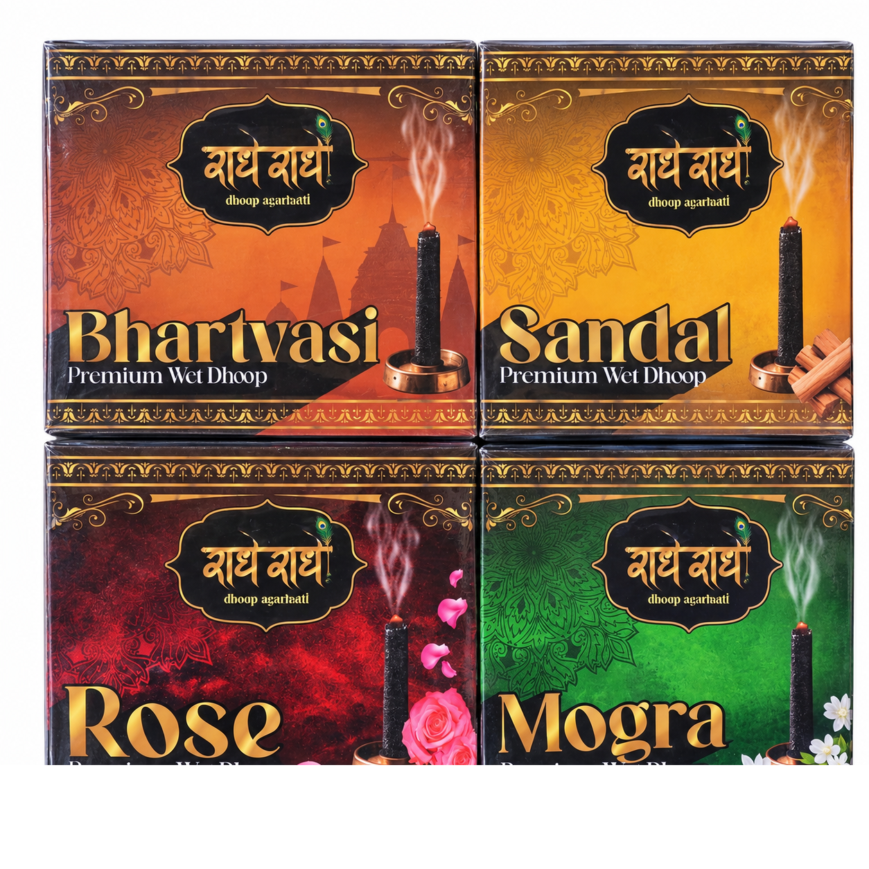 Radhey Radhey Premium Wet Dhoop Combo Pack | 12 Pieces | Rose, Mogra, Sandal & Bhartvasi
